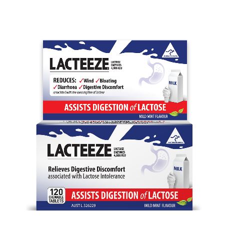 Lacteeze Extra Strength Aids Digestion of Dairy 120 Tablets Enjoy all your favourite dairy foods again with Lacteeze Extra Stength! Lacteeze aids the digestion of dairy with the temporary increase in lactase enzymes in the digestive system to provide relief of gas, bloating, abdominal cramps and diarrhoea associated with the digestion of dairy. This allows the lactose in dairy to be digested naturally.