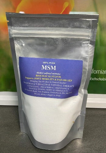 Marshall’s 100% Pure MSM - Biological Sulfur 100g MSM is a natural sulfur compound that helps support the formation of healthy connective tissues. It also helps support overall joint health, mobility, and a normal range of motion. It also may help reduce oxidative damage to support a healthy immune system.