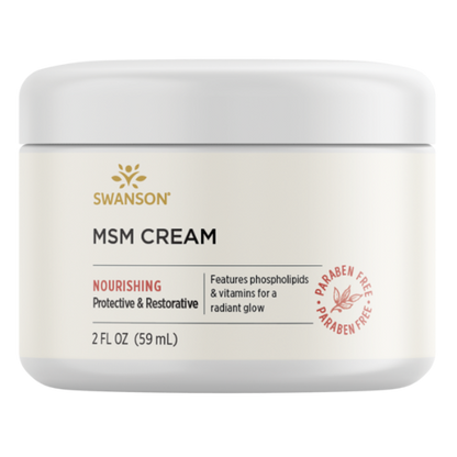 SWANSON MSM Cream 59ml 1st Stop, Marshall's Health Shop!  What is MSM cream?  Give your skin a radiant glow with the topical nutrition of Swanson MSM Cream. Methylsulfonylmethane (MSM) serves as a highly absorbable source of organic sulfur, which the body needs in order to form the bonds that hold tissues together, making it important for healthy cartilage, ligaments, tendons, skin, hair, and nails.