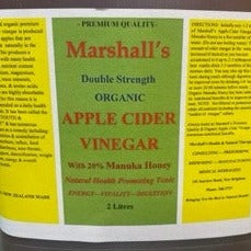 Marshall’s Organic Apple Cider Vinegar with 20% of New Zealand's Finest Quality Manuka Honey 2L Marshall’s double strength, certified organic, premium quality, apply cider vinegar is produced from select whole apples that are left to ferment naturally in the traditional way. This produces a superior product with many health benefits. 