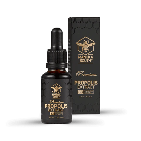 Manuka South Propolis Extract 33mg 25ml Dropper Created by bees to keep the hive safe, Propolis is a natural substance used to strengthen and protect the hive from diseases. Offering powerful antioxidant properties, it helps to support the immune system with guaranteed flavonoid content. Premium Propolis Extract can also be applied topically to assist the body’s natural repair processes. Each dose delivers a guaranteed 33 mg of active flavonoids.
