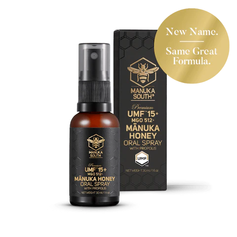 Manuka South UMF 15+ Manuka Honey Oral Spray with Propolis 30mls Formulated using our premium UMF 15+ (MGO 512) Mānuka honey combined with our premium New Zealand propolis extract our oral spray offers natural high-grade antibacterial and antiviral properties.
