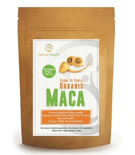 Organic Activated Maca Powder 125g  Once harvested our maca is naturally dried for 3 months at altitude, then activated (pressure heated) to remove the starch and bacteria before being combined with 30% organic Peruvian cacao from the jungles of northern Peru to create an even more potent antioxidant superfood with a rich chocolate flavour.
