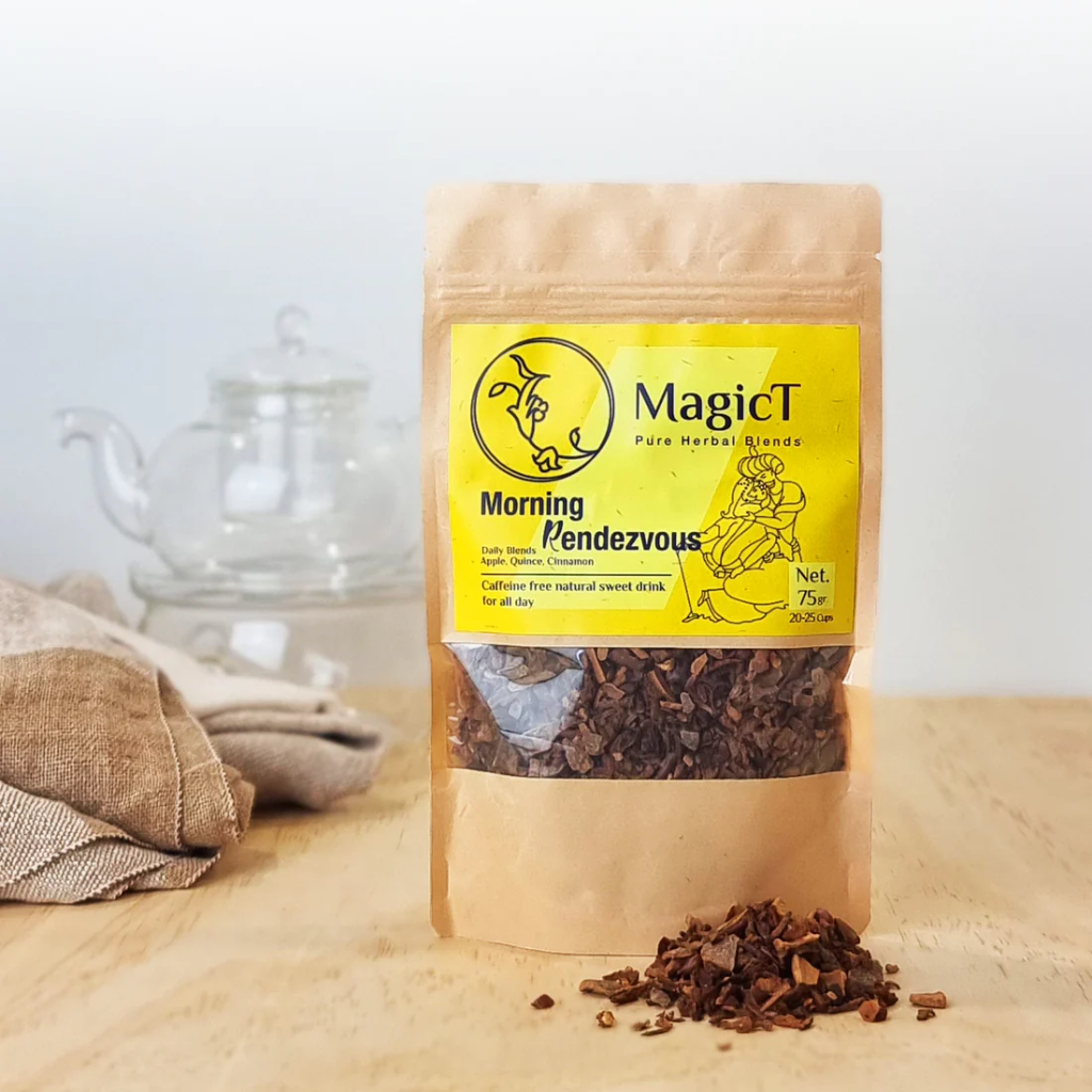 MagicT - Daily - Morning Rendezvous 75g Start your day with the aromatic blend of dried apple, dried quince and cinnamon. The natural sweetness of this three-ingredient blend would amaze you and make you ready to start your day with the best caffeine-free drink. By the way, we have a nickname for it: Liquid Apple Crumble!