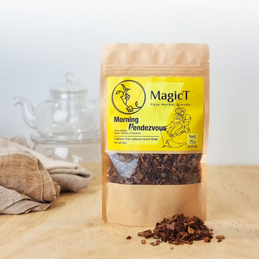 MagicT - Daily - Morning Rendezvous 75g Start your day with the aromatic blend of dried apple, dried quince and cinnamon. The natural sweetness of this three-ingredient blend would amaze you and make you ready to start your day with the best caffeine-free drink.  By the way, we have a nickname for it: Liquid Apple Crumble!