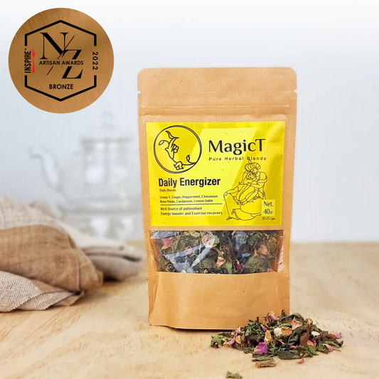 MagicT - Daily Energiser 40g Pouch The Winner of the NZ Artisan Awards Bronze Medal.  A tea to wake you and revive you.  Open the pack and enjoy its subtle beauty and aroma.  But the surprise is when you find out how we make it.  It takes almost one hour to make only 500 grams of this beautiful blend.