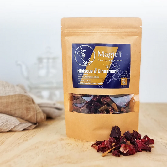 MagicT - Fitness - Hibiscus and Cinnamon Blend 50g Pouch Hibiscus has been a symbol of delicate beauty from Goddess Kali in India to the love story of Adonis and Aphrodite in Greece. In Victorian times, to be given a hibiscus showed that the giver had acknowledged the receiver’s delicate beauty.