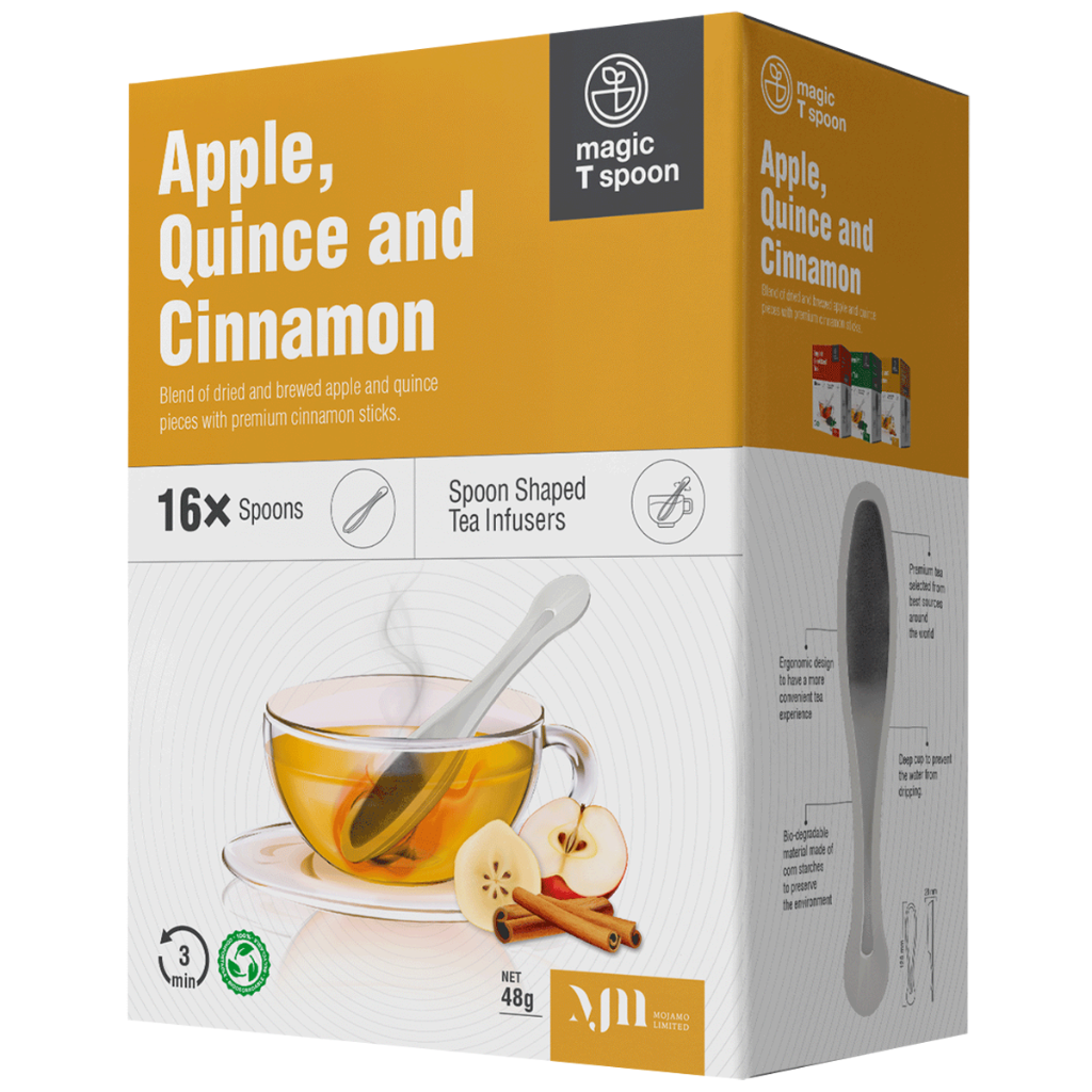 MagicT - Magic Spoon – Apple Quince Cinnamon 16 spoons 1st Stop, Marshall's Health Shop! Spoon Shaped Tea Infusers Magic T Spoon is new generation of tea serving designs. Made out of corn starch, Magic T Spoon is combination of premium tea and bio-degradable, easy-to-use spoon-shaped infusers to fit perfectly with needs of modern life style.
