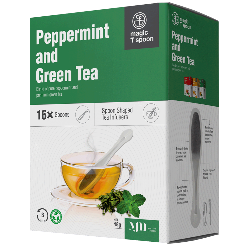 MagicT - Magic Spoon - Peppermint Green Tea 16 Spoons 1st Stop, Marshall's Health Shop! Spoon Shaped Tea Infusers Blend of Peppermint and Green Tea (Camellia Sinensis) Magic T Spoon is new generation of tea serving designs. Made out of corn starch, Magic T Spoon is combination of premium tea and bio-degradable, easy-to-use spoon-shaped infusers to fit perfectly with needs of modern life style.