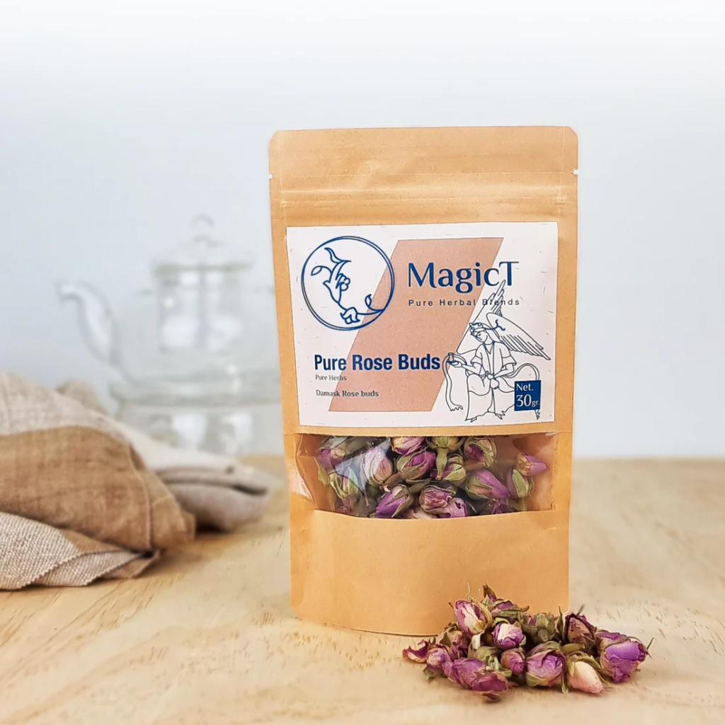 MagicT – Pure Herbs - Pure Rose Buds 30g Pouch 1st Stop, Marshall's Health Shop! Pure Damask Rose buds Aromatic, fresh rosebuds come straight from Ghamsar/Kashan. Rosebud tea made from large, whole, dehydrated rose blossoms is fruity and light-tasting, with no calories. The Rosebuds are surprisingly fragrant. The fantastic aroma of these flowers and their freshness are unbelievable. Rosebuds are also used for cooking and garnishing food and desserts.