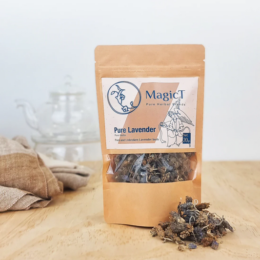 MagicT - Pure Herbs - Pure Lavender 20g Pouch 1st Stop, Marshall's Health Shop!  Pure and unbroken Lavender buds  Known for its relaxing effects, making it the perfect bedtime tea. Our pure Lavender tea is made from dried buds of the lavender flower.  HEALTH BENEFITS:  Hand picked Shade dried Hand blended
