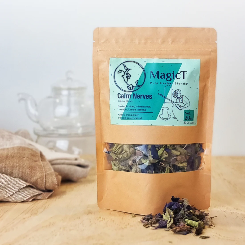 MagicT - Relax - Calm Nerves 20g Pouch 1st Stop, Marshall's Health Shop! Persian echium, Valerian root, Lavender, Lemon verbena A cup of natural calmness. Persian Echium and valerian roots are two inseparable friends in Ancient Iranian traditional medicine books. They complete each other and balance the body naturally. INGREDIENTS: Persian echium, Valerian root, Lavender, Lemon verbena