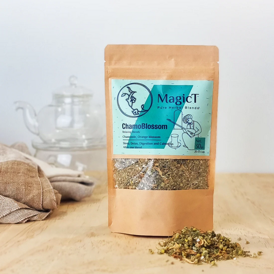 MagicT - Relax - ChamoBlossom 30g Pouch A relaxing blend of high-quality Shirazi Chamomile flowers and Orange blossom.   DIRECTIONS:  20-25 Cups  INGREDIENTS:  Blend of Chamomile and Orange Blossom
