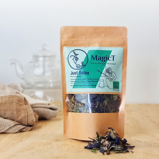MagicT – Relax - Just Relax 20g 1st Stop, Marshall's Health Shop!  A state of calm is just a cup away. Get ready to have a calming evening with these amazingly well-mixed herbs. This blend is a natural solution to support coping with feelings of tension and a busy mind.  HEALTH BENEFITS:  Stress Relieving Mood Uplifting DIRECTIONS:  20-25 Cups