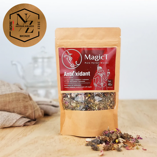 MagicT - Wellness - AntiOxidant Blend 40g Pouch The Winner of the NZ Artisan Awards Bronze Medal.  This is a tea for lavender lovers. Lavender’s gorgeous purple flowers are the main ingredient of this blend.  This antioxidant blend has been expertly formulated to achieve the highest quality in taste and therapeutics. 