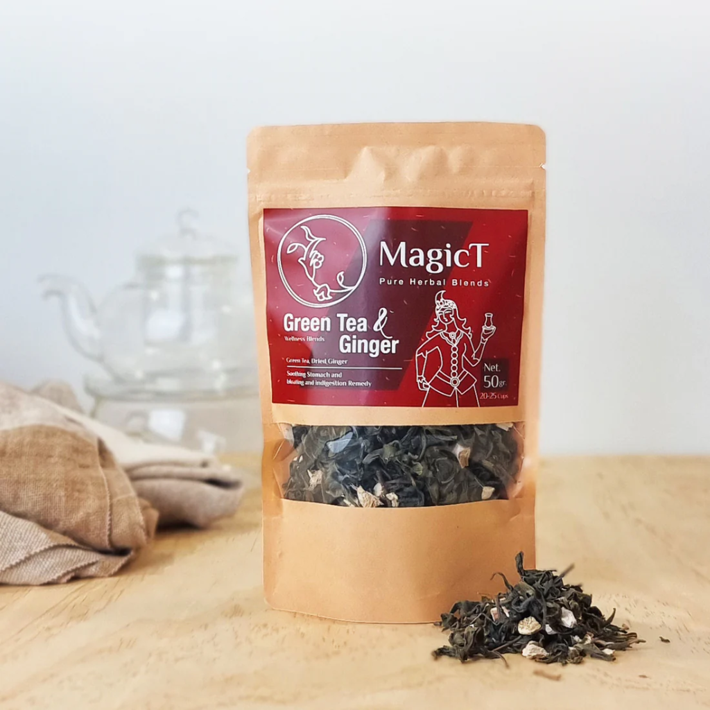 MagicT - Wellness - Green Tea and Ginger 50g Pouch There's nothing more satisfying than wrapping your hands around a piping hot cup and breathing in the sweet and spicy scent of green tea and ginger. We use selected buds and upper leaves of green tea because they are loaded with antioxidants. It has reached you directly from the best tea gardens of Satlesar village in Lahijan city.