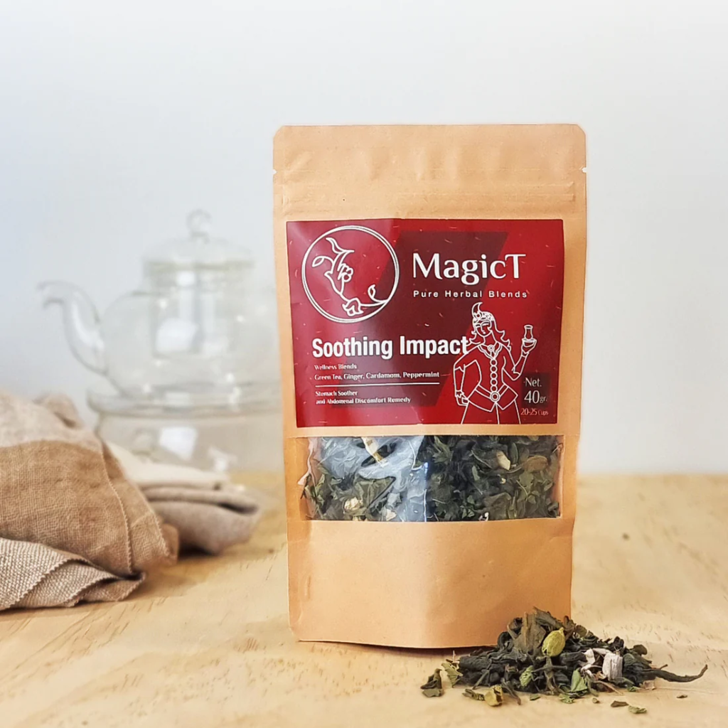 MagicT - Wellness - Soothing Impact 40g Pouch 1st Stop, Marshall's Health Shop! Green tea, Ginger, Peppermint, Cardamom A blend of best-flavoured herbs including Cardamom, peppermint and Ginger mixed with premium Green tea to support your digestive wellbeing. HEALTH BENEFITS: Antioxidant Digestion Weight Management