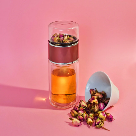 MagicT - Infuser Flask - Silver Rose 250ml Magic T Infuser flask is the perfect tea vessel for busy days, office, camping or even a cup of tea in bed. This means anytime-anywhere.  The Silver-Rose Magic Flask comes with a handy polyester sleeve cover.  When you felt the tea is ready just turn it again and drink from the big bottle.