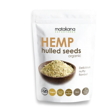 Matakana Organic Hemp Hulled Seeds 250g Delicious nutty flavour!  Matakana SuperFoods’ organic Hemp Hulled Seeds are an incredibly nourishing source of energy for the whole family! Hemp seeds are exceptionally nutritious. They contain an abundance of essential fats, plant-based complete protein and minerals. Enjoy hemp seeds in salads, sprinkled on your favourite smoothie or grab a handful for a quick and nutritious snack.