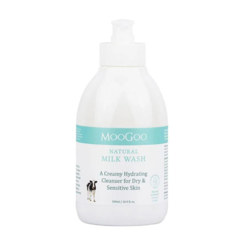 MooGoo Milk Wash Our Milk Wash is one of our most popular products. We combine small amounts of 5 different natural cleaners as this can be gentler on skin than one concentrated cleanser. We chose natural cleansers that wash well without drying out the skin. The foaming action isn’t quite as intense as it would if we used a synthetic detergent like SLS (or other common culprits that end in –fate),