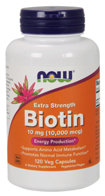 NOW Biotin Extra Strength (10,000 mcg) 10mg 120 Veg Caps. What is Biotin?  Biotin is a water-soluble vitamin necessary for normal growth and body function.  Biotin functions as a key regulatory element in gluconeogenesis, fatty acid synthesis, and in the metabolism of some amino acids.