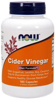 NOW Cider Vinegar Diet Formula 180 Veg Caps. What is Cider Vinegar Formula?  Cider Vinegar is a weight management formula with Apple Cider Vinegar, Grapefruit, Lecithin, B6, Chromium, Kelp and Glucomannan (from Konjac Root).  Take plenty of water with this product in conjunction with a temporary, reduced-calorie diet and regular exercise.  HEALTH BENEFITS:  Supports weight management Supports healthy glucose metabolism Diet formula Helps manage cravings Helps manage appetite