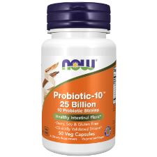 NOW Probiotic-10, 25 Billion, 10 Probiotic Strains 50 Veg Caps. What is Probiotic-10?  NOW® Probiotic-10™ offers a balanced spectrum of live organisms consisting of acid-resistant probiotic bacterial strains that are known to naturally colonize the human GI tract.  Probiotic bacteria are critical for healthy digestion.