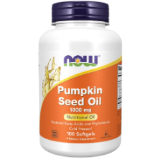 NOW Pumpkinseed oil 1000mg 100 Softgels. What is Pumpkinseed oil?  Essential Fatty Acids and Phytosterols Cold Pressed Oil Pumpkin seed oil is a nutritional oil with essential fatty acids (EFAs) and phytosterols. NOW® Pumpkin Seed Oil is cold pressed without the use of solvents and derived only from the highest quality non-GMO pumpkin seeds. Natural colour variation may occur in this product.