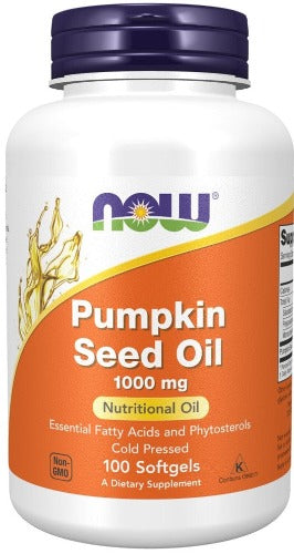 NOW Pumpkinseed oil 1000mg 100 Softgels. What is Pumpkinseed oil?  Essential Fatty Acids and Phytosterols Cold Pressed Oil Pumpkin seed oil is a nutritional oil with essential fatty acids (EFAs) and phytosterols. NOW® Pumpkin Seed Oil is cold pressed without the use of solvents and derived only from the highest quality non-GMO pumpkin seeds. Natural colour variation may occur in this product.