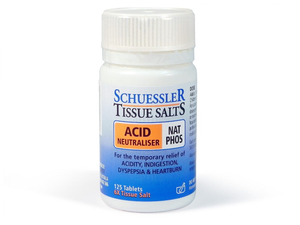 Dr Schuessler Tissue Salts Nat Phos 6X 125 Tablets Sodium Phosphate: ACID NEUTRALISER  Blood, bone, muscle, nerve & brain cells.  Nat Phos is the acid neutralising tissue salt and is present in the blood, muscles, nerve and brain cells. It is used in conditions of excess acidity which are characteristically sour smelling.