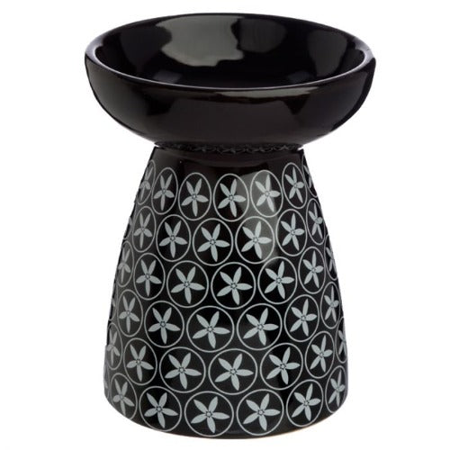 Eden Floral Pattern Ceramic Oil and Wax Burner Black with White Pattern