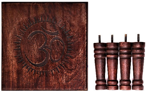 Altar Table Ohm Dark Mango Wood This handcrafted altar table has an Ohm symbol hand carved into the top. Altar tables are used for; tarot readings, spell work, prayer, memorial, ceremonial work, rituals, stools, etc. Measuring approximately 35cm x 35cm wide x 30cm high (size may vary slightly due to this item being handcrafted). Made from mango wood. Conveniently flat-packed for economical shipping. SKU: OT5