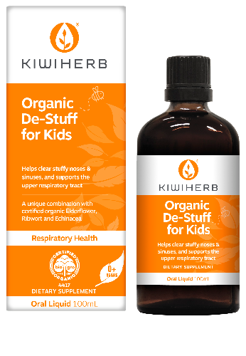 KIWIHERB Organic De-Stuff for Kids 100ml Kiwiherb Organic De-Stuff for kids is a BioGro certified organic; ear, nasal and sinus support. The natural herbal ingredients, organic Elderflower, Ribwort and Echinacea root, work to support clear airways and helps loosen mucus to support easy breathing in children. Echinacea also provides systemic immune support.