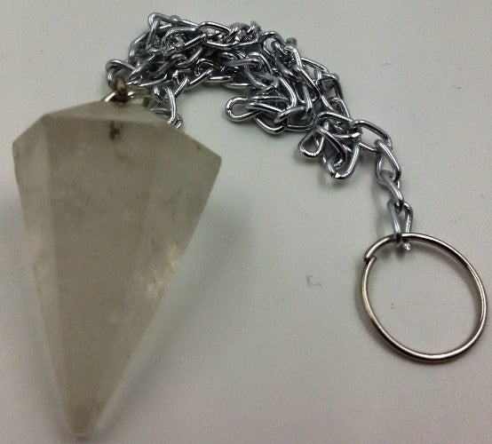 Cone Pendulums Clear Quartz Cone Pendulums- Clear Quartz Dimensions: Length of stone-3cm. Length from chain to the tip of the stone 29cm Size and colour are approximate and may vary. SKU: PLCQ