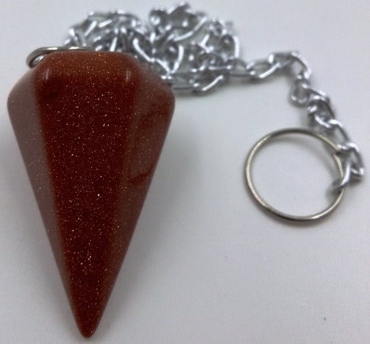 Cone Pendulums Goldstone Cone Pendulums- Goldstone Dimensions: Length of stone-3cm. Length from chain to the tip of the stone 29cm Size and colour are approximate and may vary. SKU: PLGS