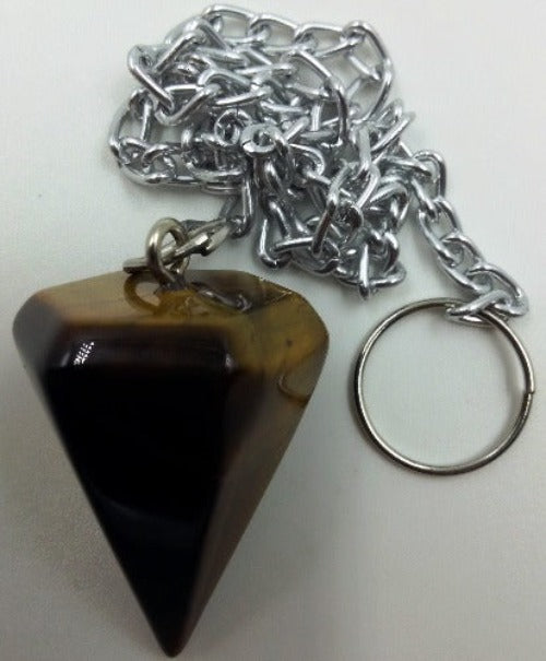 Cone Pendulums Tiger Eye Cone Pendulums- Tiger Eye Dimensions: Length of stone-3cm. Length from chain to the tip of the stone 29cm Size and colour are approximate and may vary. SKU: PLTE