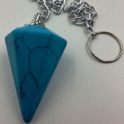 Cone Pendulums Turquoise Cone Pendulums- Turquoise Dimensions: Length of stone-3cm. Length from chain to the tip of the stone 29cm Size and colour are approximate and may vary. SKU: PLTQ