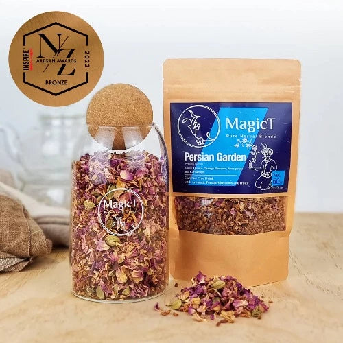 MagicT - Persian Garden 60g Pouch The Winner of the NZ Artisan Awards Bronze Medal. This tea will make you feel like you're walking in a Persian garden. You must taste this blend to take you to paradise on earth. Originally the Persian garden's purpose was, and still is, to provide a place to relax in a variety of manners both spiritually and emotionally.