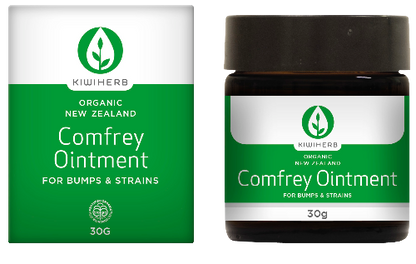 KIWIHERB Organic Comfrey Bruise Balm 30g Kiwiherb Organic Comfrey Bruise Balm is proven to be effective for sports injuries, bumps and strains, and joint stiffness. Containing high quality New Zealand grown Comfrey leaf and root, in a base of organic sunflower oil and beeswax, this 100% natural ointment is proven through scientific studies to be effective in aiding the natural healing of bruises, sprains & strains.