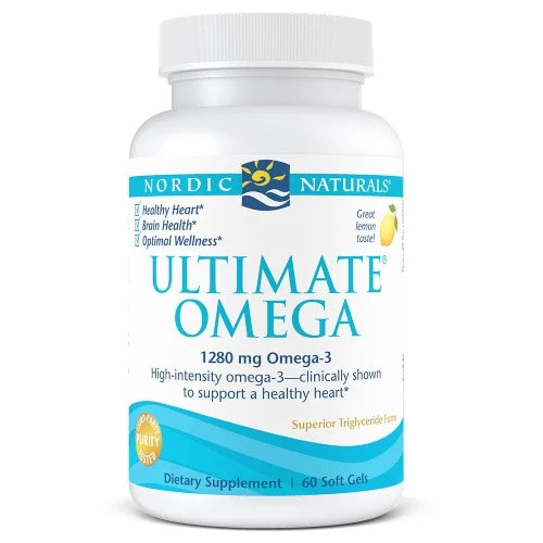 NORDIC Ultimate Omega Lemon 60 Softgels Ultimate Omega® delivers the #1 omega-3 in the U.S.—for heart, brain, and wellness support—in every delicious daily serving.*  1280 mg total omega-3s (soft gels); 2840 mg total omega-3s (liquid)  Our most popular concentrate, recommended by doctors worldwide  Made exclusively from 100% wild-caught sardines and anchovies  Fresh lemon taste  Award winner! 10+ industry awards, including Delicious Living’s Best Omega-3 .
