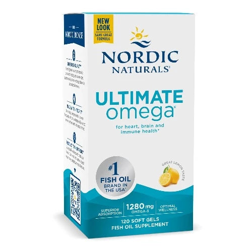 NORDIC Ultimate Omega Lemon 120 Softgels Ultimate Omega® delivers the #1 omega-3 in the U.S.—for heart, brain, and wellness support—in every delicious daily serving.*  1280 mg total omega-3s (soft gels); 2840 mg total omega-3s (liquid)  Our most popular concentrate, recommended by doctors worldwide  Made exclusively from 100% wild-caught sardines and anchovies  Fresh lemon taste  Award winner! 10+ industry awards, including Delicious Living’s Best Omega-3.