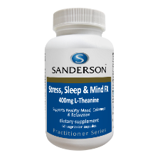 SANDERSON Stress, Sleep & Mind FX 400mg L-Theanine 60 VegeCaps Each Sanderson Stress, Sleep & Mind FX capsule contains a high strength dose of free-form L-Theanine, an amino acid commonly found in tea. This 1-a-day formula supports healthy mood, relaxation and calmness.