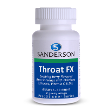 SANDERSON Throat FX 60 Lozenges Sanderson Throat FX is a soothing gummy lozenge with a delicious berry flavour designed to be sucked or chewed. The formula combines extracts of Elderberry and Echinacea with Vitamin C and Zinc to support the immune system at times of seasonal illness.