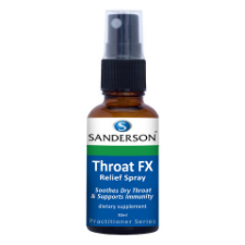 SANDERSON Throat FX Relief Spray 30ml Throat FX Relief Spray soothes a dry throat while supporting immune system heath. Throat FX Relief Spray is a unique combination of 16 potent immune support ingredients including echinacea, white willow bark, garlic and Shiitake mushroom.