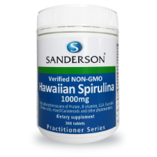 SANDERSON Non-GMO Hawaiian Spirulina 1000mg is grown in a Bio Secure area on Kona, Hawaii and verified non-GMO. It is a rich, natural whole-food multi-supplement. Spirulina is a blue-green coloured vegetable alga grown in both fresh and salt water.