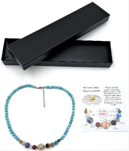 Solar System Necklace Turquoise (Howlite) Turquoise (Howlite) has a calming effect and has a strong positive energy. The stone helps the bearer to control anger and be less critical. It stimulates ambition and patience, but also strengthens the memory and promotes the eagerness to learn. The stone may help reduce insomnia due to its strong calming effect. Size of bead 0.6cm SKU: SN1