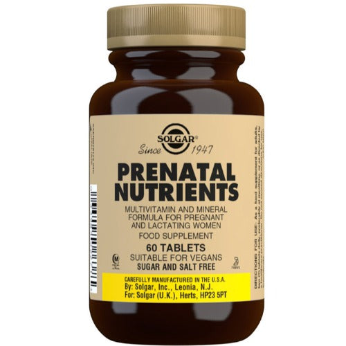 Solgar® Prenatal Nutrients 60 Tablets Solgar® Prenatal Nutrients unique proprietary formula provides 100% of the Daily Value of most of the essential vitamins and minerals for pregnant and lactating women.  Nutritional requirements dramatically increase during pregnancy and when a woman is breast-feeding. Good nutrition and lifestyle habits promote normal weight gain in the growing foetus and positively influence the progress and outcome of the pregnancy.