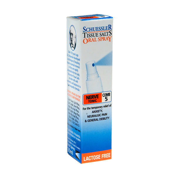 Dr Schuessler Tissue Salts Comb 5 Spray 30ml Comb 5: NERVE TONIC A safe reliable remedy for nerve troubles, neuralgic pain, want of energy and allied conditions associated with debility. 30ml Spray | Tablets