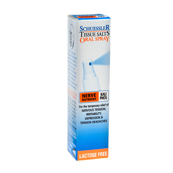 Dr Schuessler Tissue Salts Kali Phos Spray 30ml Kali Phos – NERVE NUTRIENT | 30ml Oral Spray Nerve Nutrient Kali Phos is found in the tissues and fluids of the body notably of the brain and nerve cells and is the principal tissue salt for the nervous system. Kali Phos is vital for regeneration of nerve tissue and forms “Grey matter”.