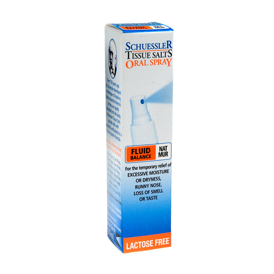 Dr Schuessler Tissue Salts Nat Mur Spray 30ml Nat Mur – FLUID BALANCE | 30ml Oral Spray Sodium Chloride: FLUID BALANCE Every liquid & solid part of the body. Nat Mur is the tissue salt responsible for the distribution of water in the body. Nat Mur can be used with advantage in cases when a salt free diet is recommended. 30ml Spray | Tablets